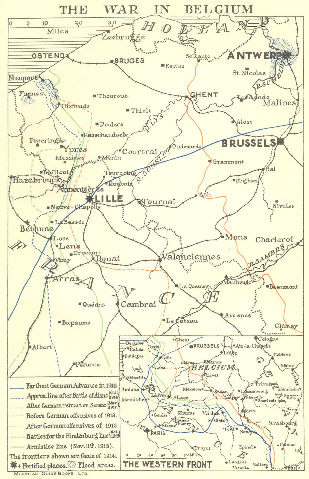BELGIUM. The First World War in Belgium 1914-18 1929 old vintage map chart